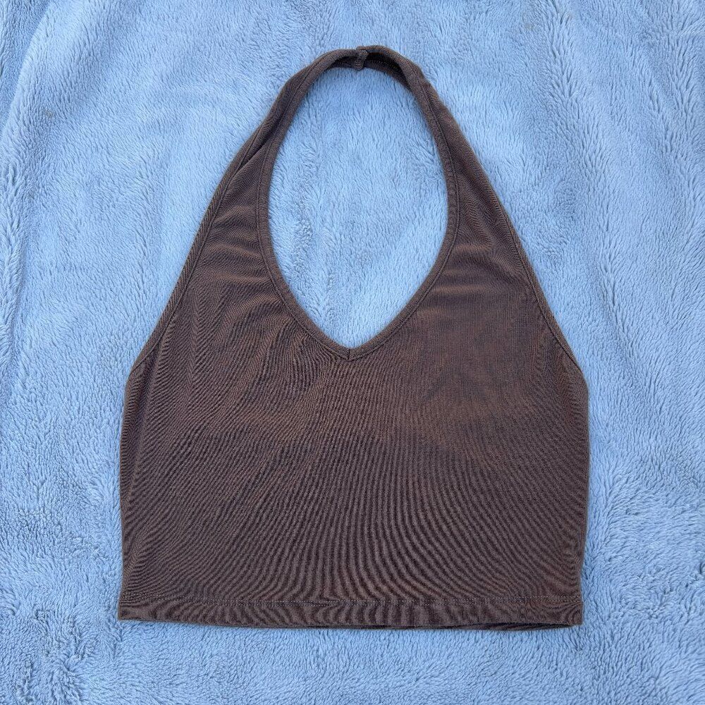 White Fox Brown Halter Crop Top | Stretchy Deep V Neck Tank M